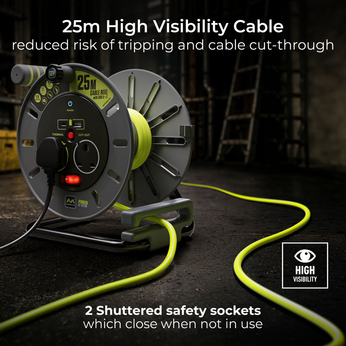 Masterplug 2 socket 25m cable reel with USB A and C ports
