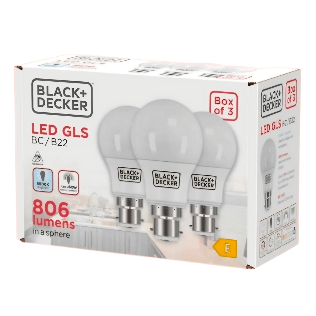 Black &amp; Decker 3 pack 7.3W B22 bayonet cap 6500K daylight LED light bulbs showing packaging and bulb base
