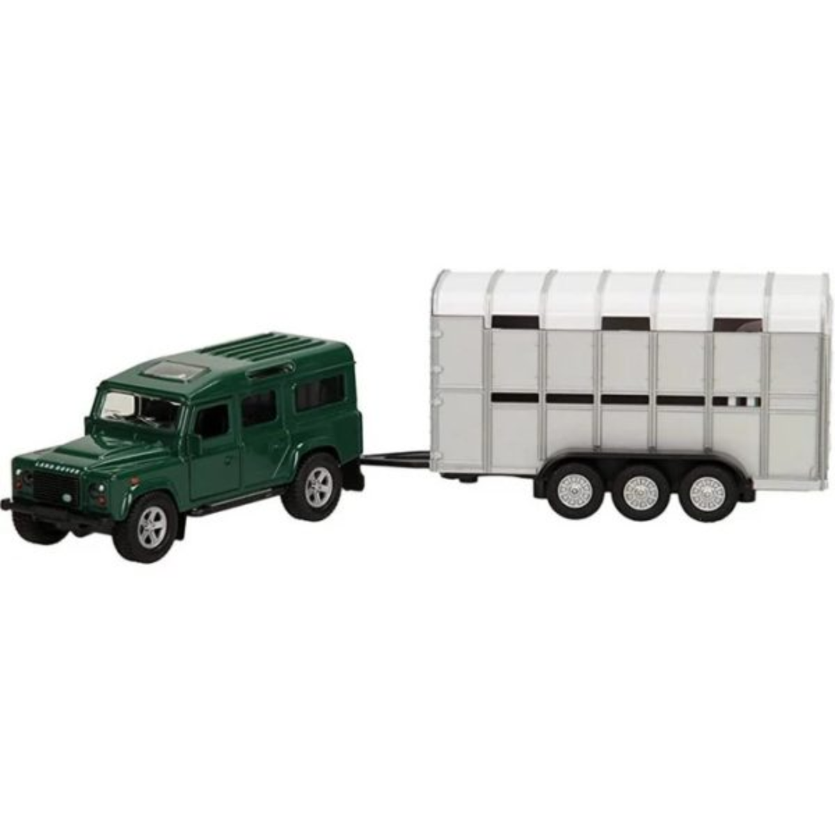 Kids Globe 1:32 scale pull back Land Rover Defender 110 with cattle trailer and cow figures