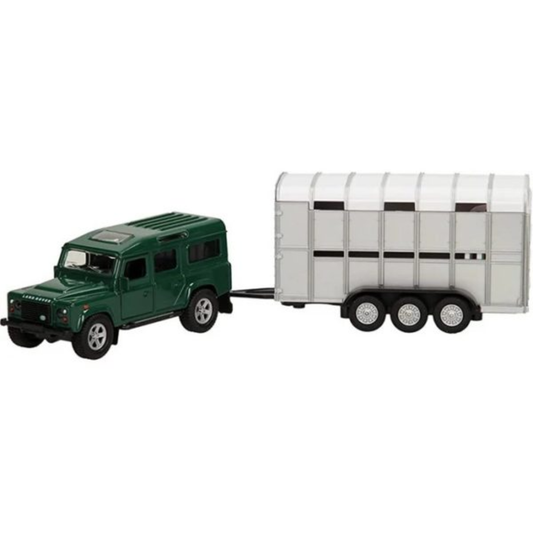 Kids Globe 1:32 scale pull back Land Rover Defender 110 with cattle trailer and cow figures