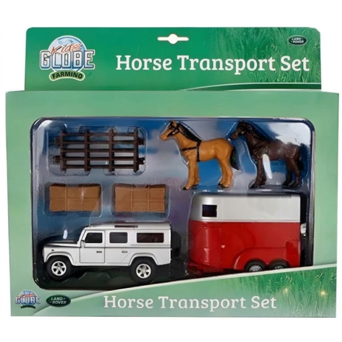 Kids Globe 1:32 scale Land Rover with horse trailer, horse figures, and fencing accessories
