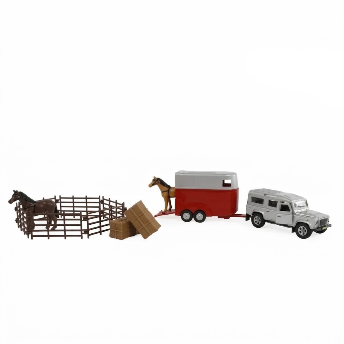 Kids Globe 1:32 scale Land Rover with horse trailer, horse figures, and fencing accessories