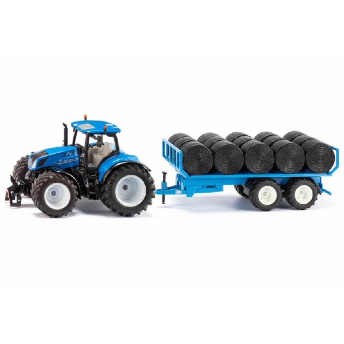 Siku 8615 New Holland T7.315 tractor with round bale trailer and bales