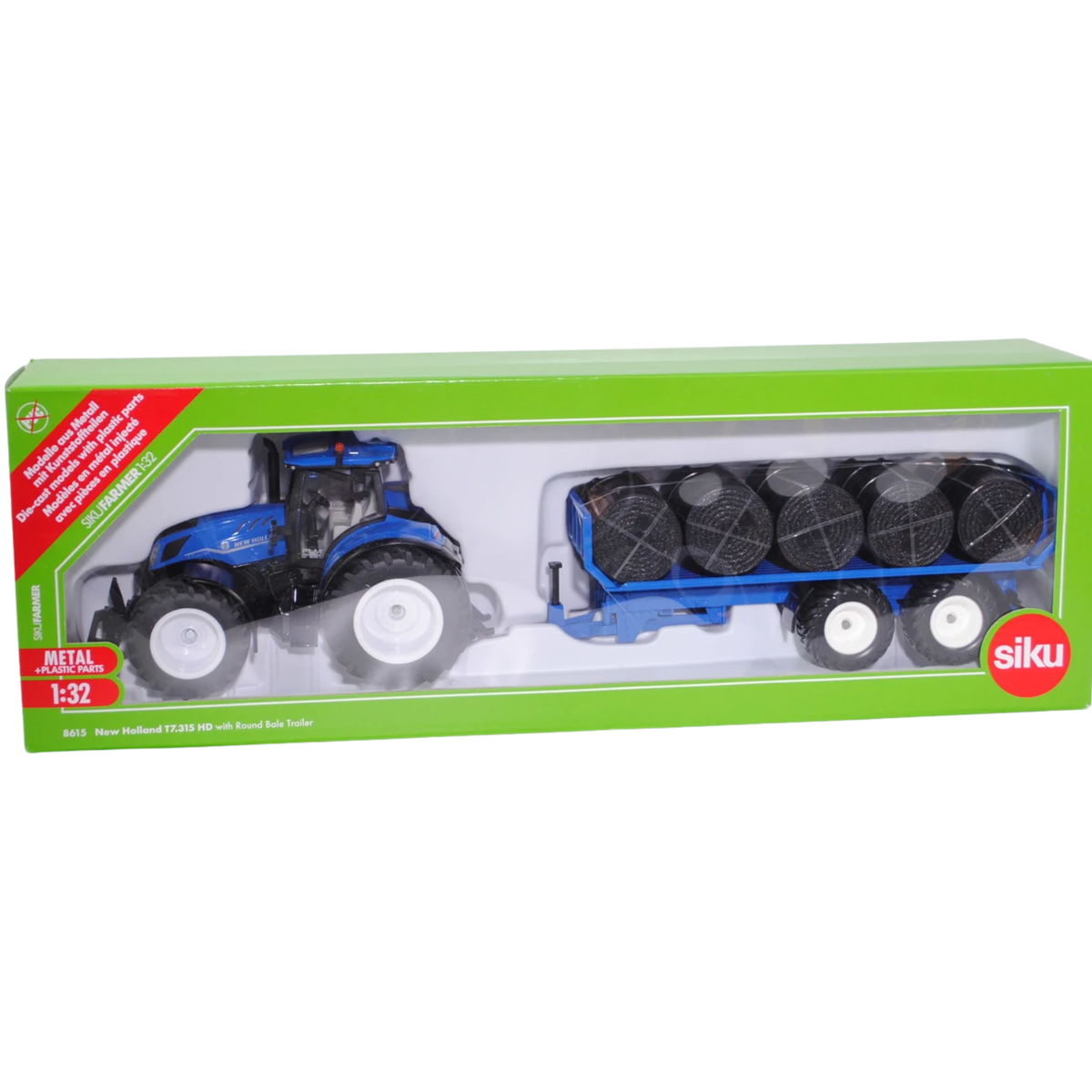 Siku 8615 New Holland T7.315 tractor with round bale trailer and bales