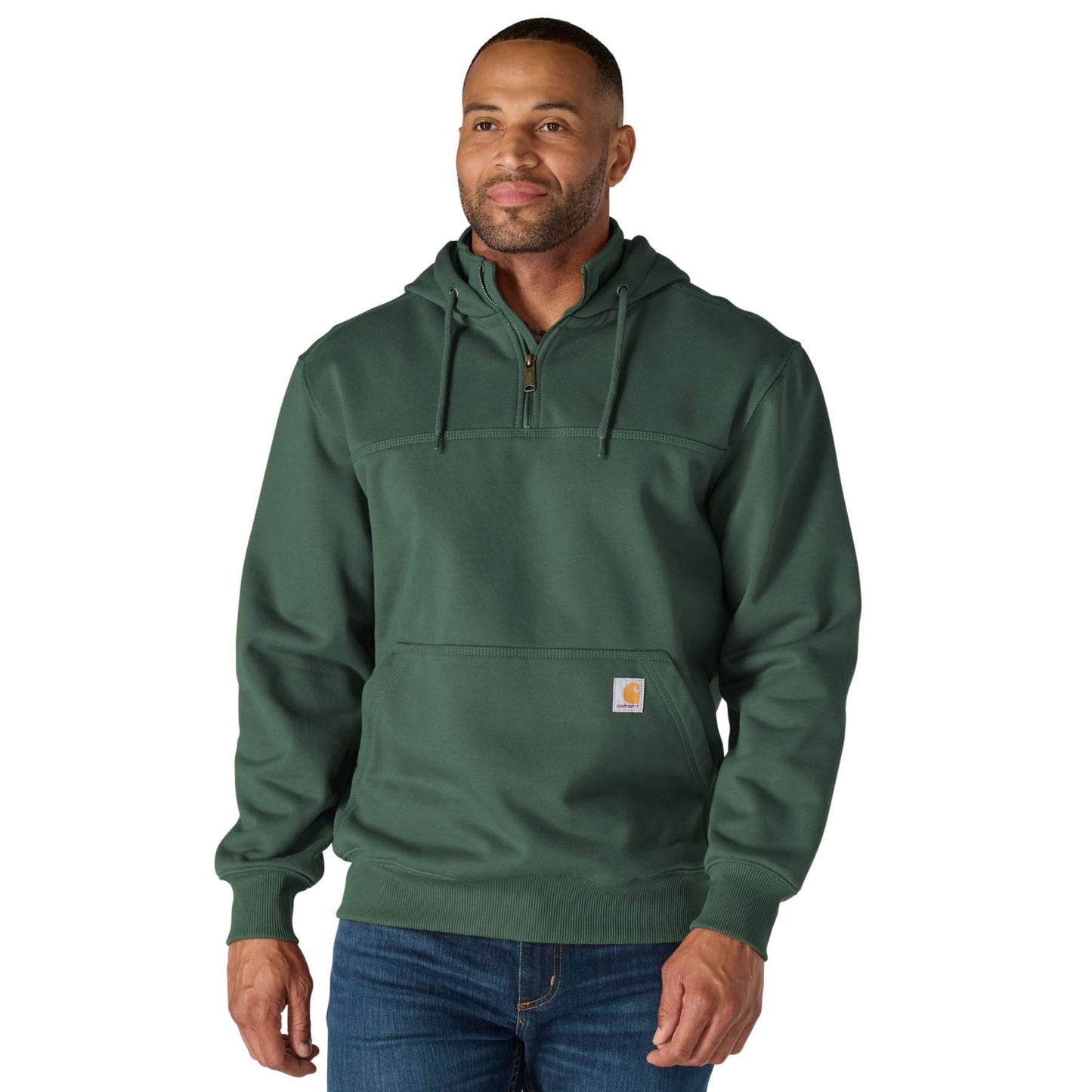 Carhartt Paxton 1/4-Zip Hooded Sweatshirt featuring a brass zipper, attached hood, and front handwarmer pockets.