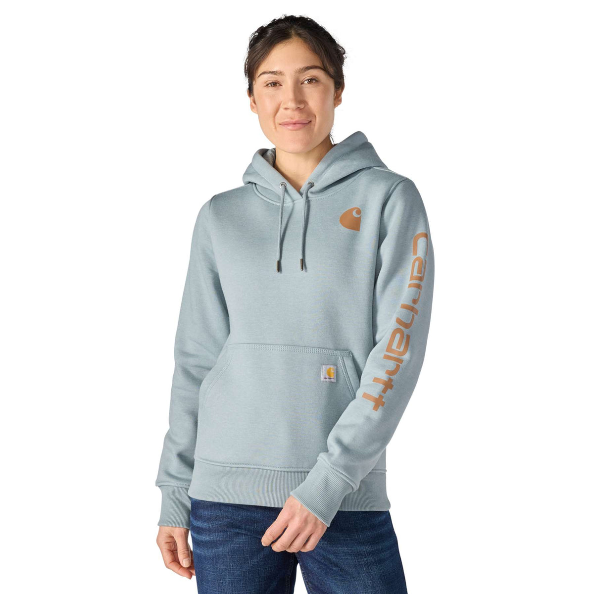 Carhartt Women's Clarksburg Logo Sweatshirt in heavyweight fleece with sleeve print.