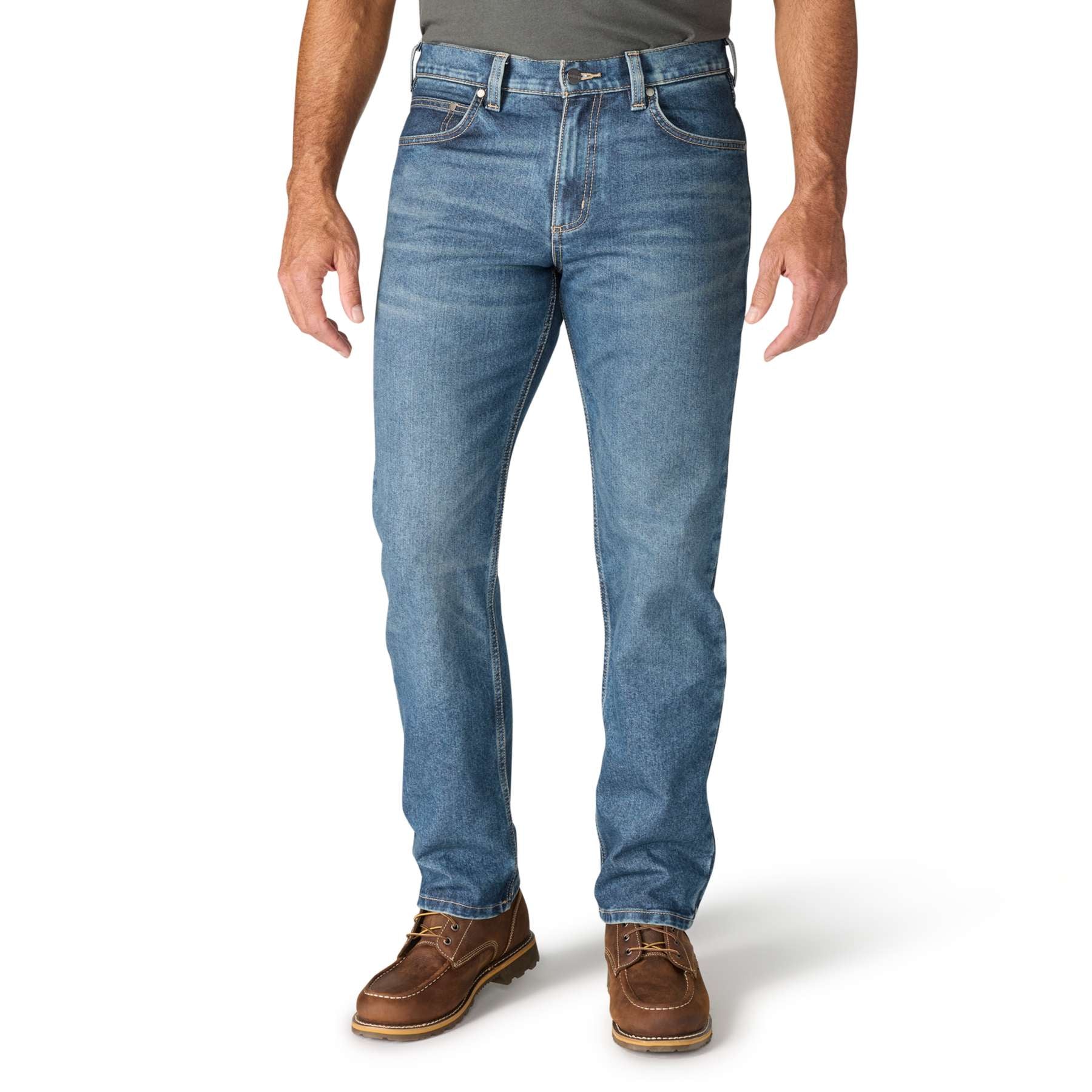 Carhartt Relaxed Straight Rugged Flex Jeans showing durable denim fabric and reinforced pockets.
