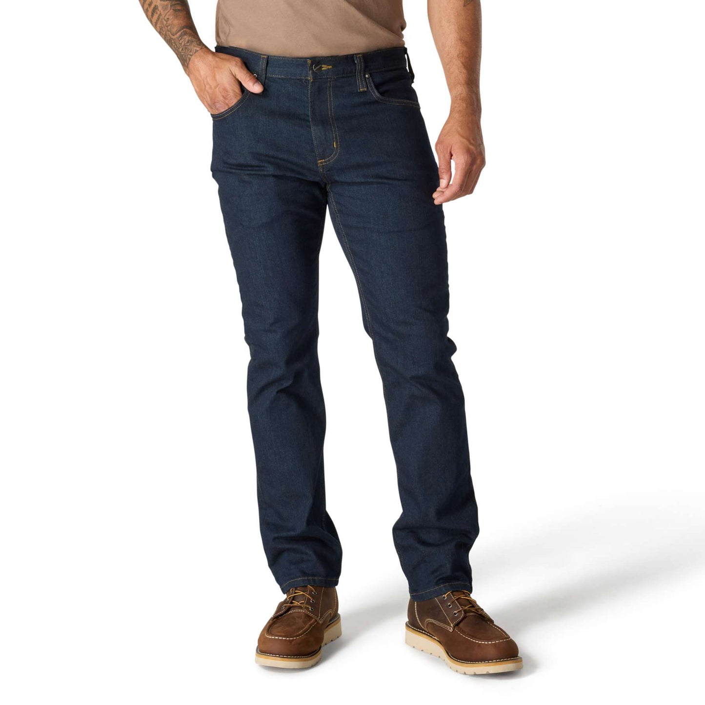 Front view of Carhartt Rugged Flex slim tapered jeans in durable denim with reinforced back pockets.