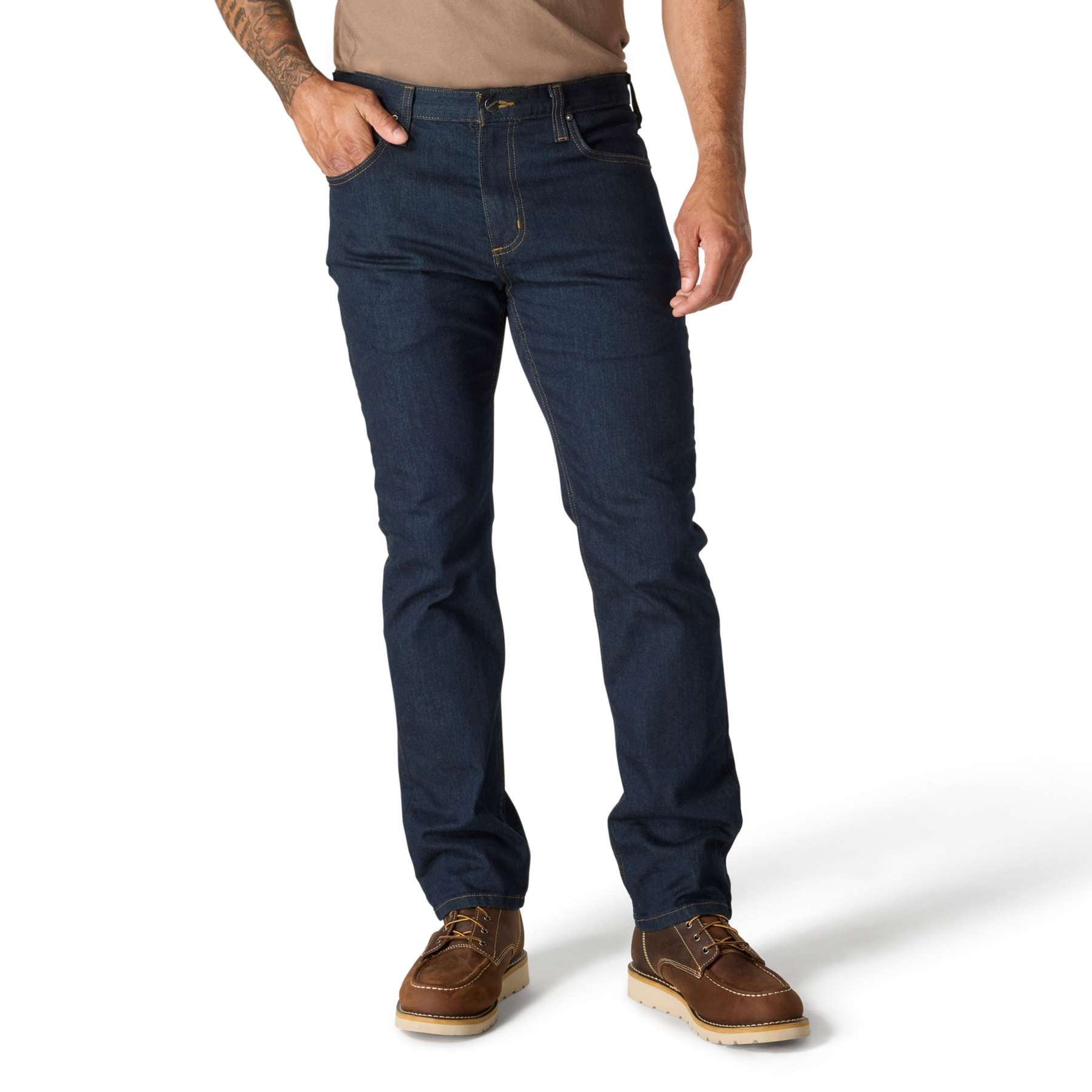 Front view of Carhartt Rugged Flex slim tapered jeans in durable denim with reinforced back pockets.