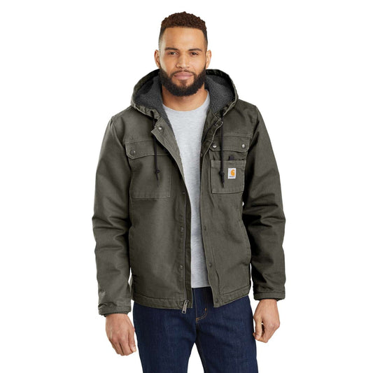 Front view of the Carhartt Washed Duck Bartlett Jacket featuring attached hood and utility pockets
