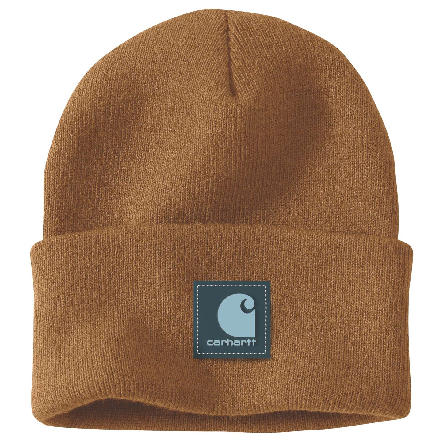 Carhartt Knit Rubber Patch Beanie showing cuffed brim and colour-matched rubber logo patch.