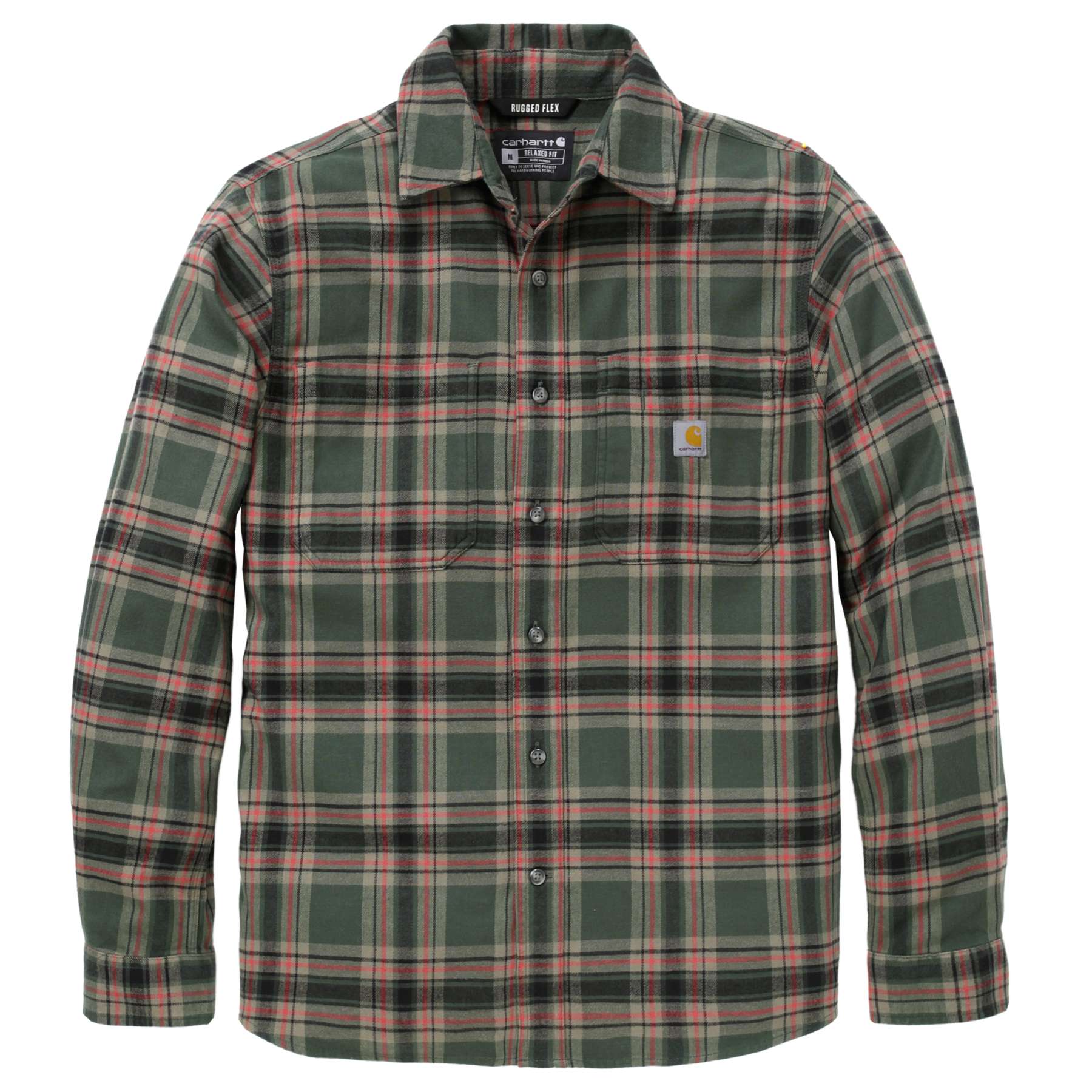 Carhartt Rugged Flex Relaxed Fit Midweight Flannel Long-Sleeve Plaid Shirt in check pattern with chest pockets