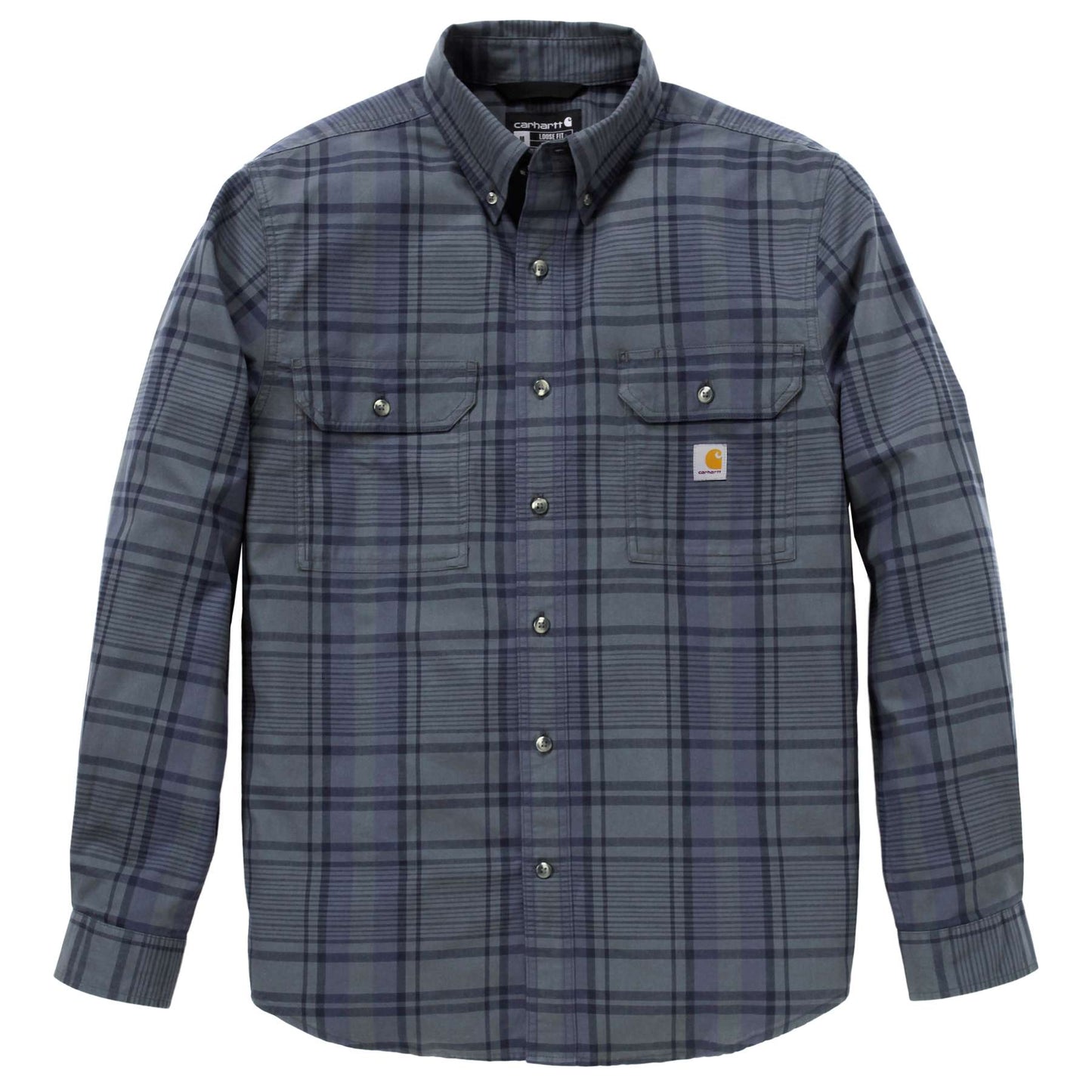 Men's Carhartt Fort loose fit long-sleeve plaid shirt in chambray cotton with chest pockets