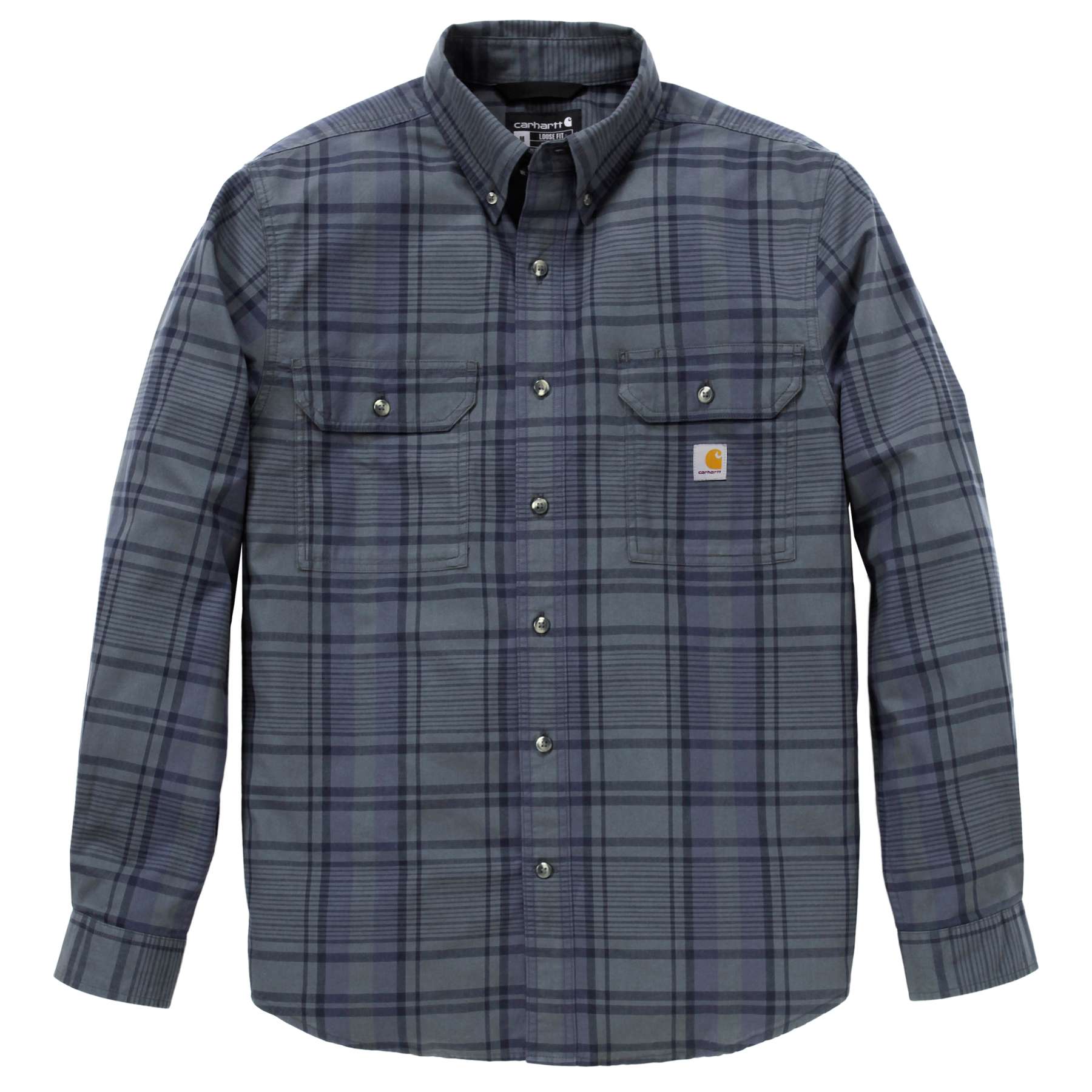 Men's Carhartt Fort loose fit long-sleeve plaid shirt in chambray cotton with chest pockets
