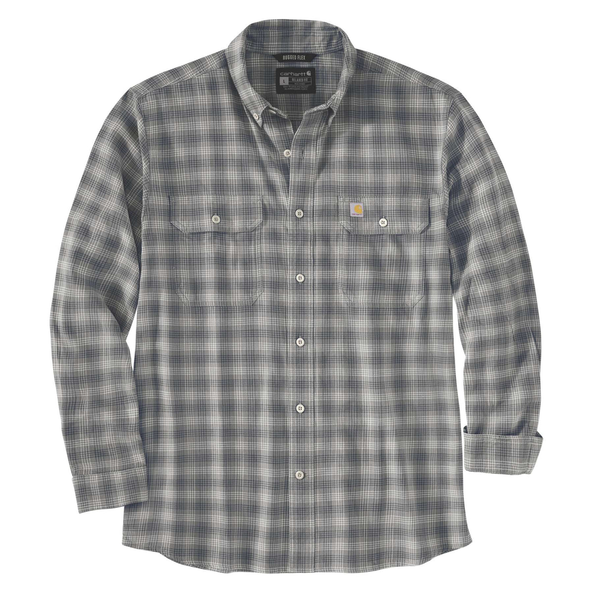 Front view of Carhartt Bozeman relaxed fit plaid long sleeve shirt with button-down collar and chest pockets