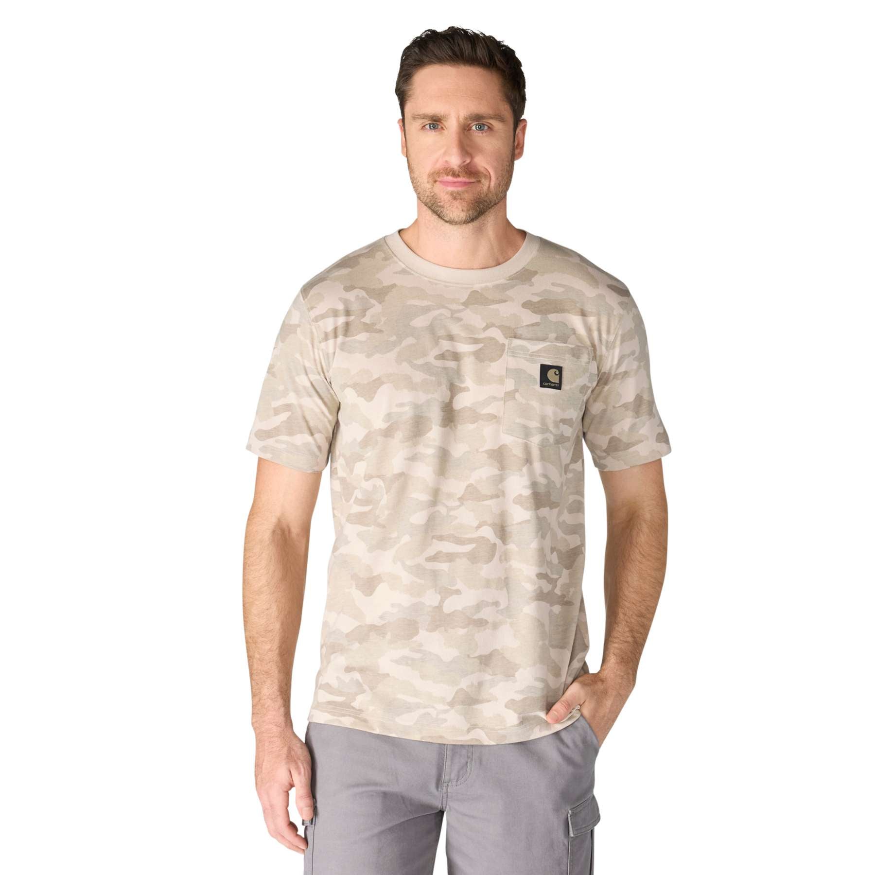 Men's Carhartt Irvine Relaxed Camo T-Shirt in lightweight jersey showing front chest pocket