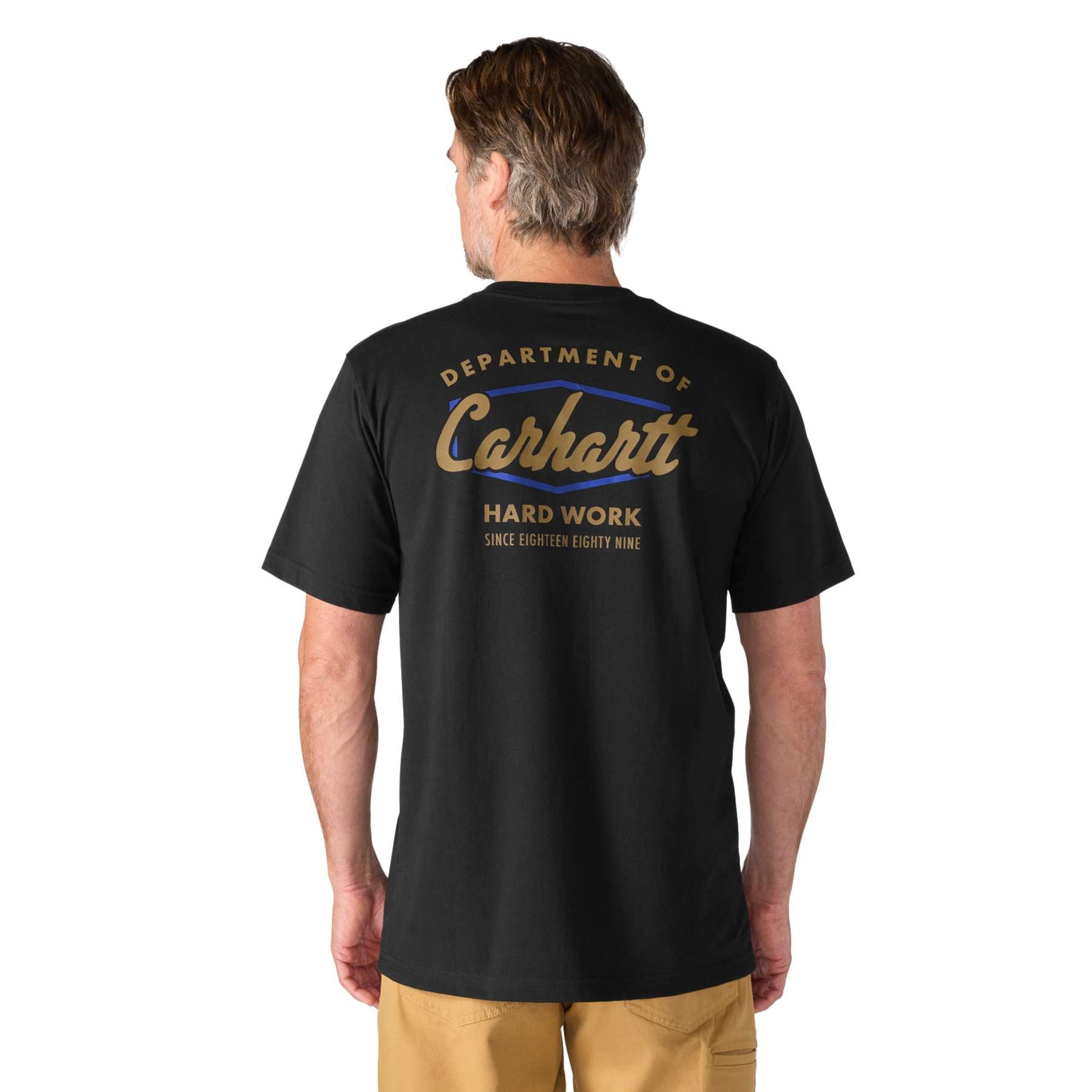 Men's Carhartt Irvine Relaxed Hard Work T Shirt in black, featuring left chest pocket and back graphic