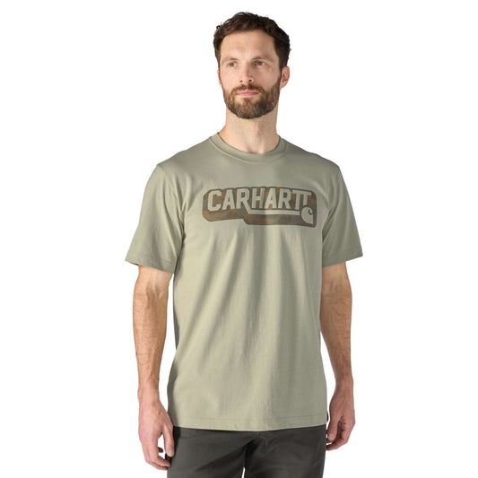 Men's Carhartt Irvine Relaxed Camo Logo T Shirt featuring a front camo graphic and crew neck.