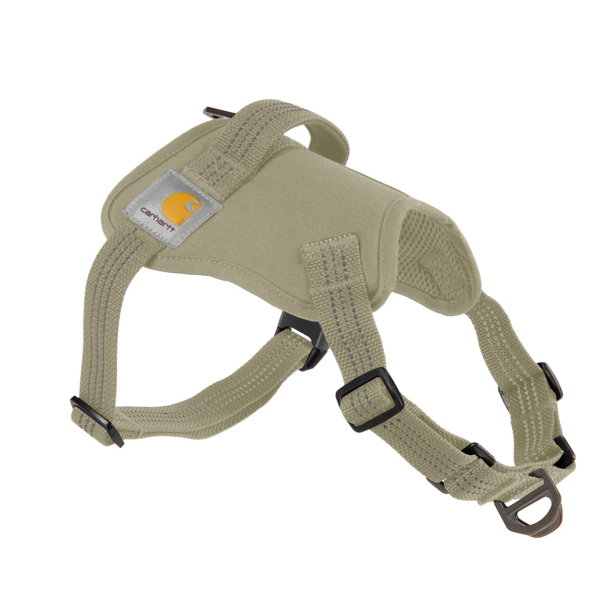 A Carhartt dog harness in a light khaki-beige color, featuring black plastic buckles and a silver brand label with the yellow Carhartt logo.