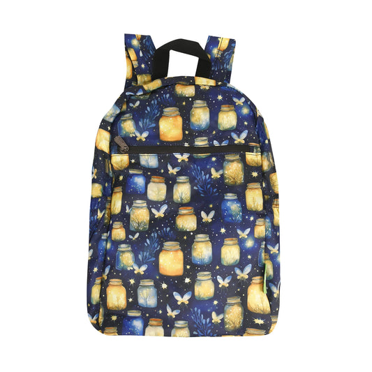 Eco Chic lightweight foldable backpack featuring illustrated glowing mason jars and fireflies pattern on navy blue fabric