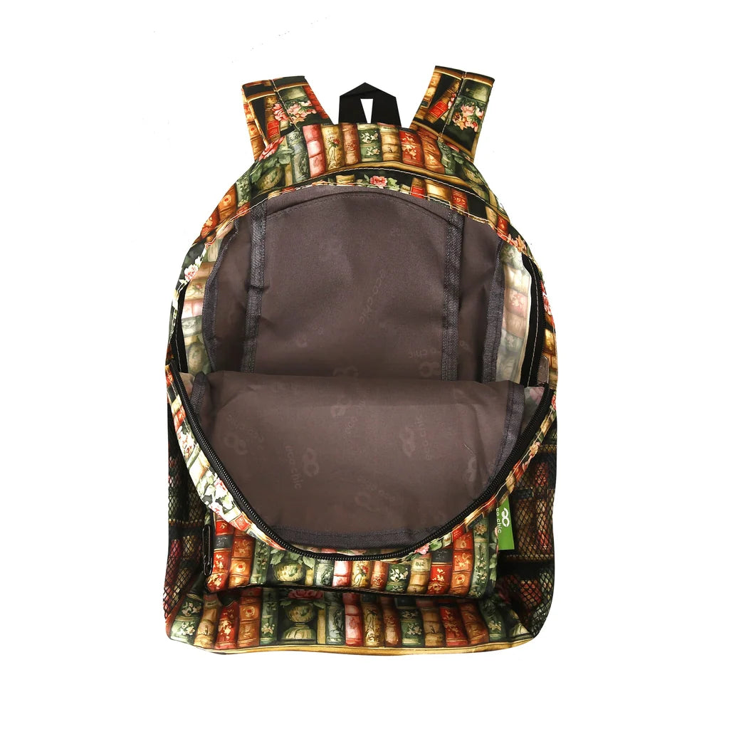 Eco Chic lightweight foldable mini backpack featuring vintage Books and Roses library pattern with side mesh pockets