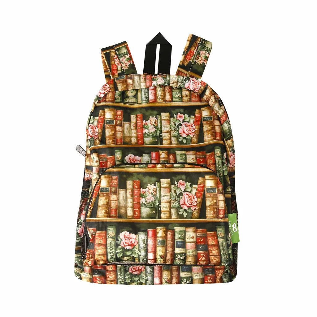 Eco Chic lightweight foldable mini backpack featuring vintage Books and Roses library pattern with side mesh pockets