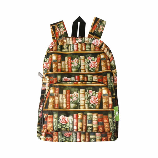 Eco Chic lightweight foldable mini backpack featuring vintage Books and Roses library pattern with side mesh pockets