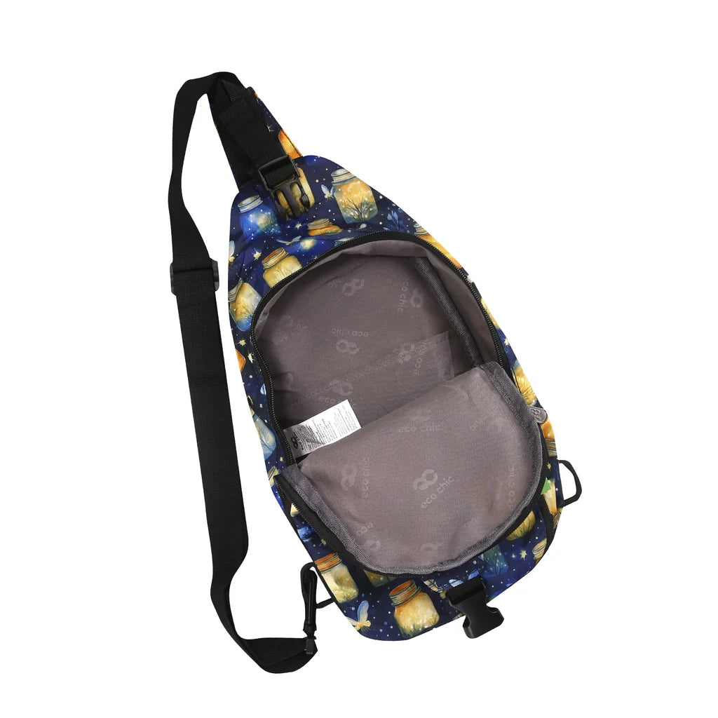 Eco Chic lightweight foldable crossbody sling bag featuring glowing jars and fireflies pattern on navy blue fabric