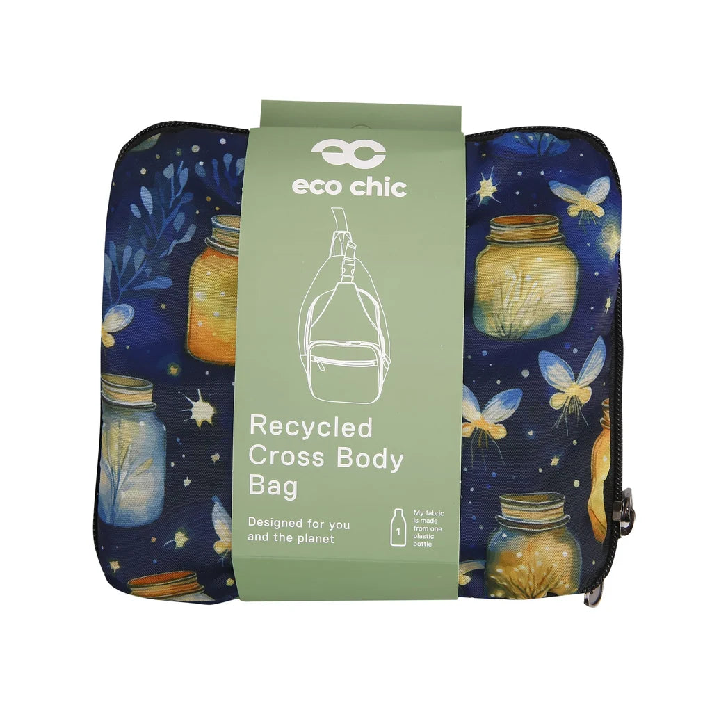 Eco Chic lightweight foldable crossbody sling bag featuring glowing jars and fireflies pattern on navy blue fabric