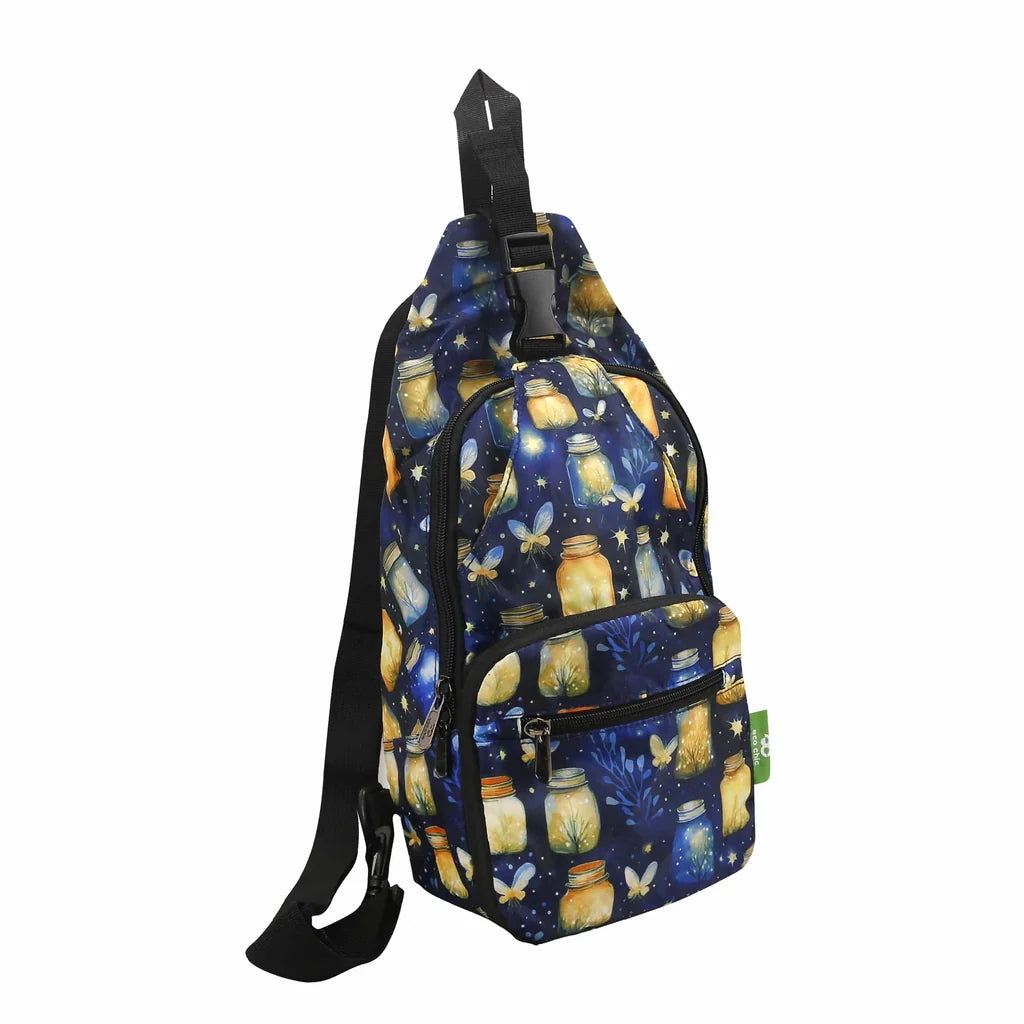 Eco Chic lightweight foldable crossbody sling bag featuring glowing jars and fireflies pattern on navy blue fabric