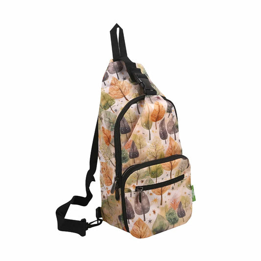 Eco Chic lightweight foldable crossbody sling bag featuring warm autumnal Rhythm of Trees pattern and black webbing strap