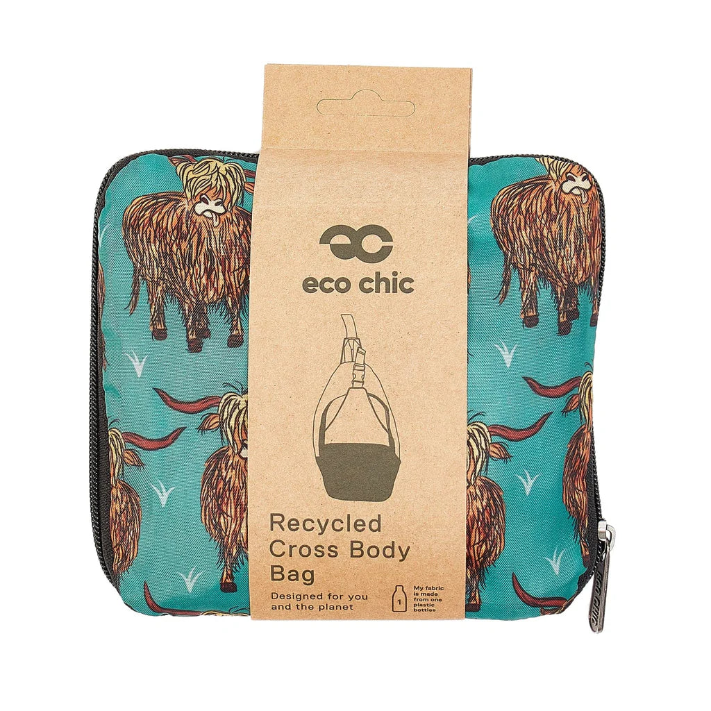 Eco Chic Lightweight Foldable Crossbody Bag Teal Highland Cow