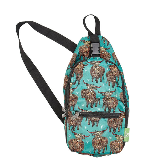 Eco Chic Lightweight Foldable Crossbody Bag Teal Highland Cow