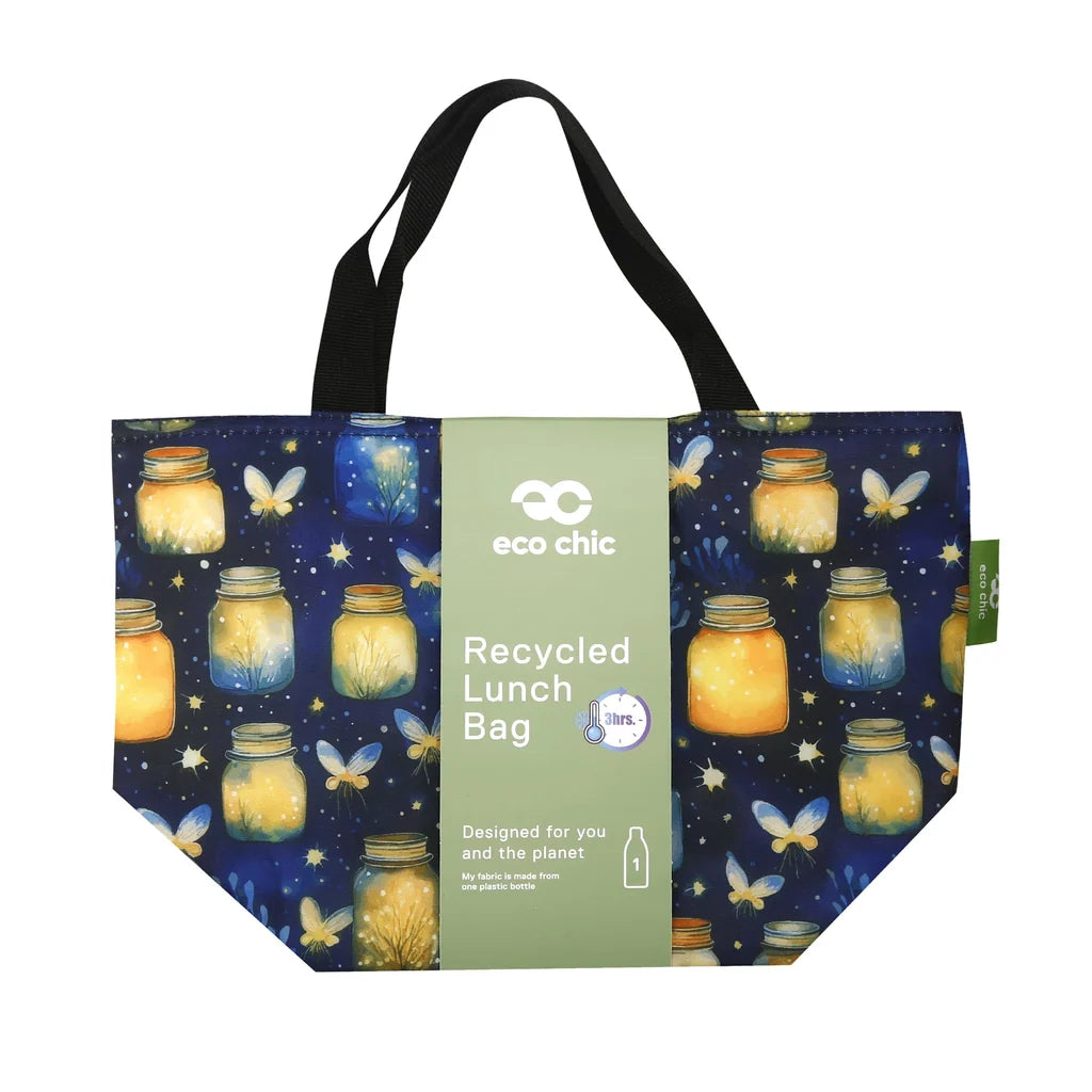 Eco Chic lightweight foldable insulated lunch bag featuring glowing mason jars and fireflies pattern on navy blue fabric