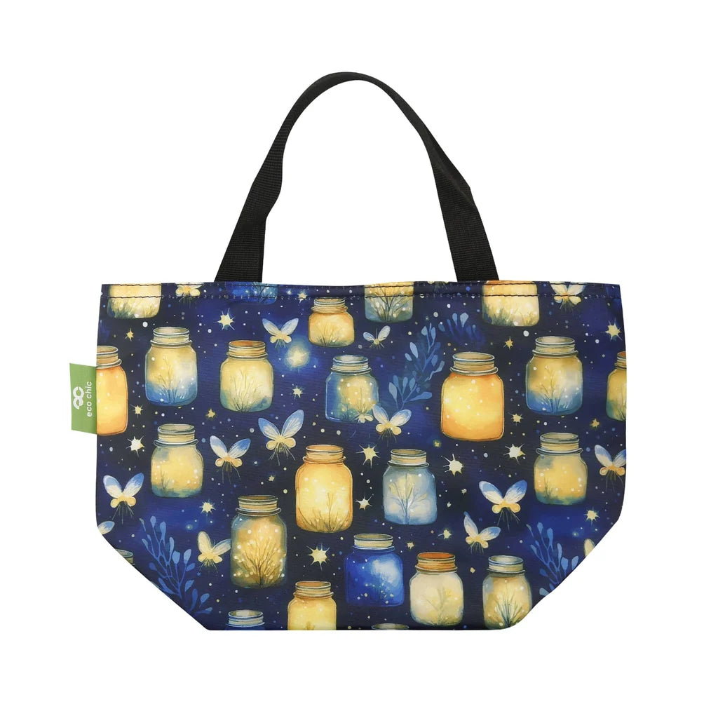 Eco Chic lightweight foldable insulated lunch bag featuring glowing mason jars and fireflies pattern on navy blue fabric