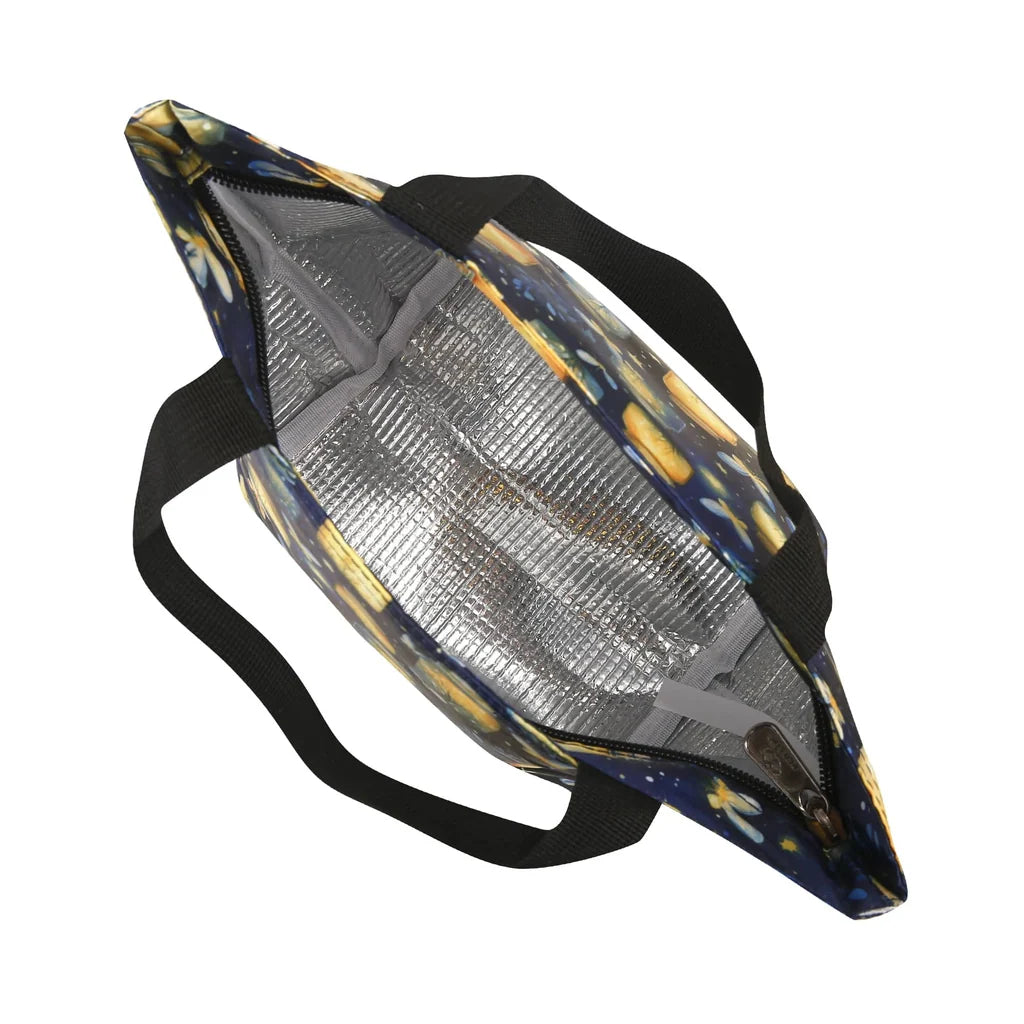 Eco Chic lightweight foldable insulated lunch bag featuring glowing mason jars and fireflies pattern on navy blue fabric