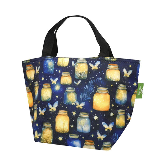 Eco Chic lightweight foldable insulated lunch bag featuring glowing mason jars and fireflies pattern on navy blue fabric