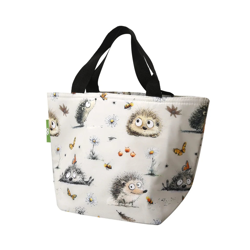 Eco Chic lightweight foldable insulated lunch bag featuring illustrated Whimsy Hedgehogs print with bees and daisies