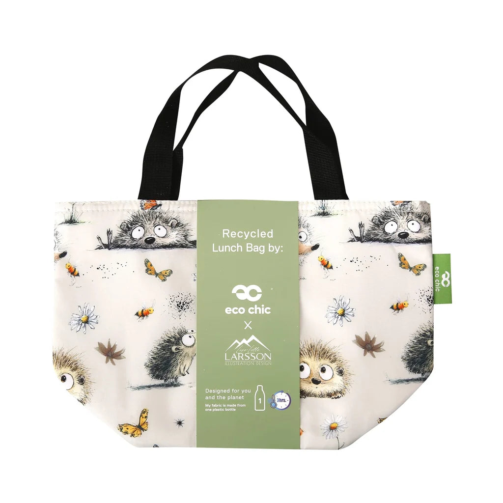 Eco Chic lightweight foldable insulated lunch bag featuring illustrated Whimsy Hedgehogs print with bees and daisies