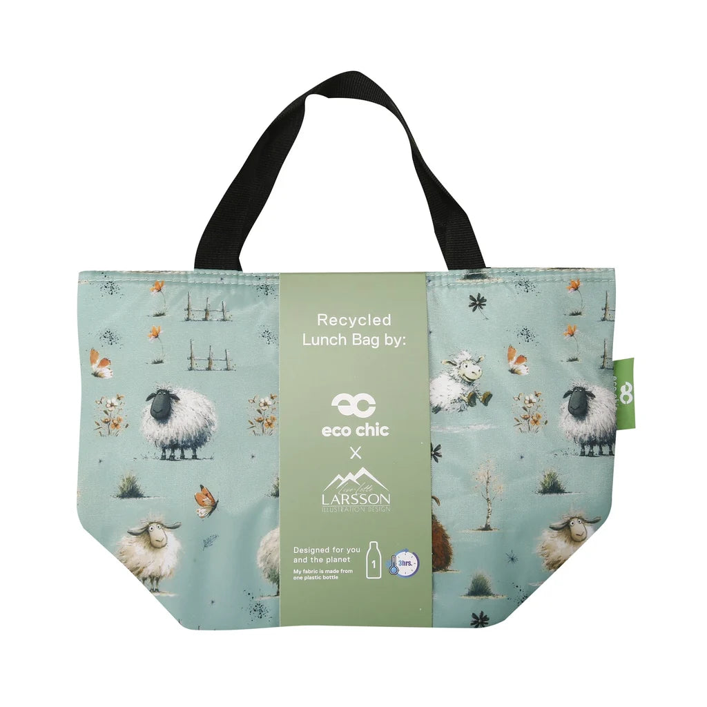 Eco Chic lightweight foldable insulated lunch bag featuring illustrated Whimsy Sheep pattern on sage green fabric
