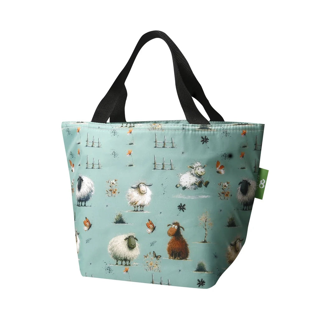 Eco Chic lightweight foldable insulated lunch bag featuring illustrated Whimsy Sheep pattern on sage green fabric