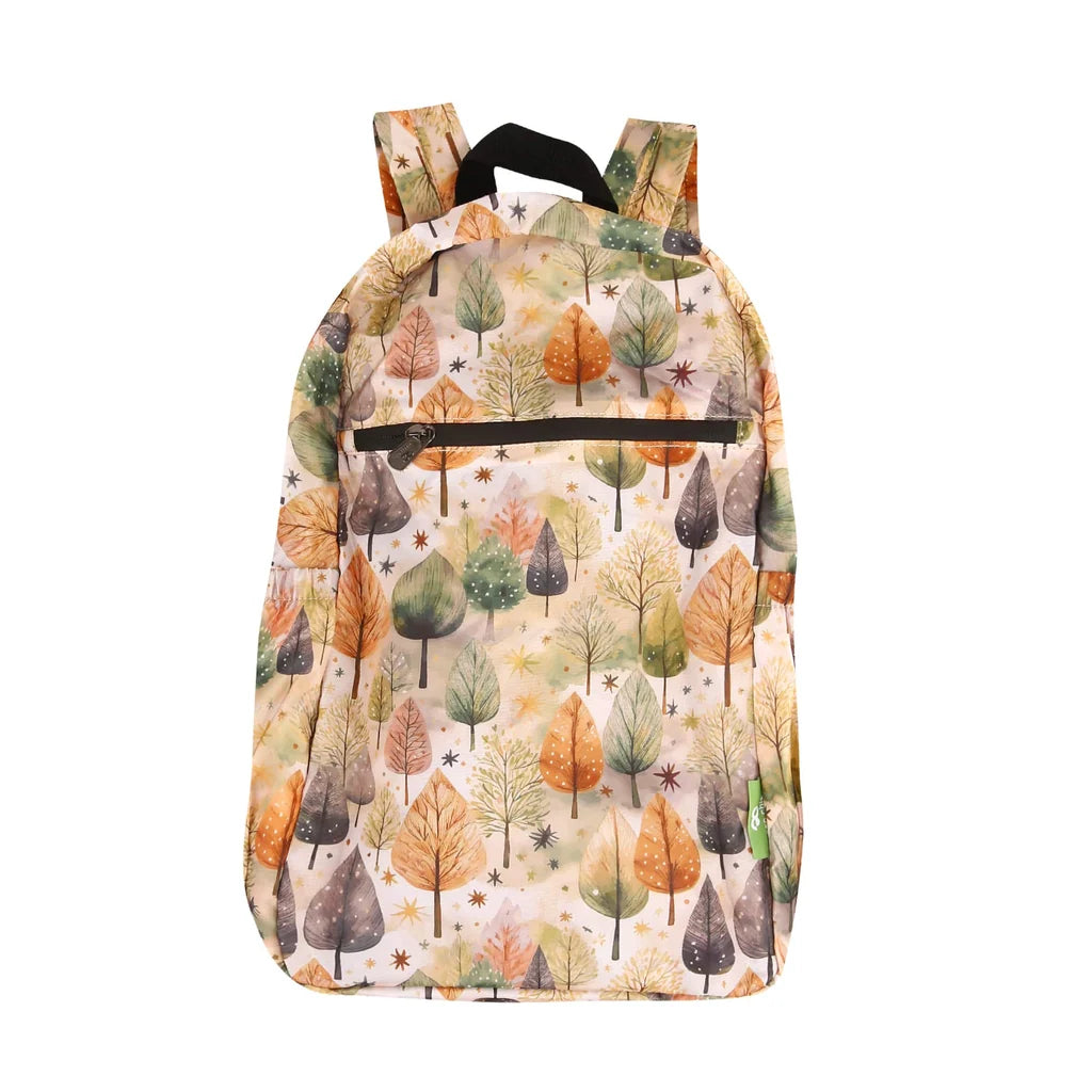 Eco Chic lightweight foldable backpack featuring illustrated Rhythm of Trees pattern in warm autumnal tones