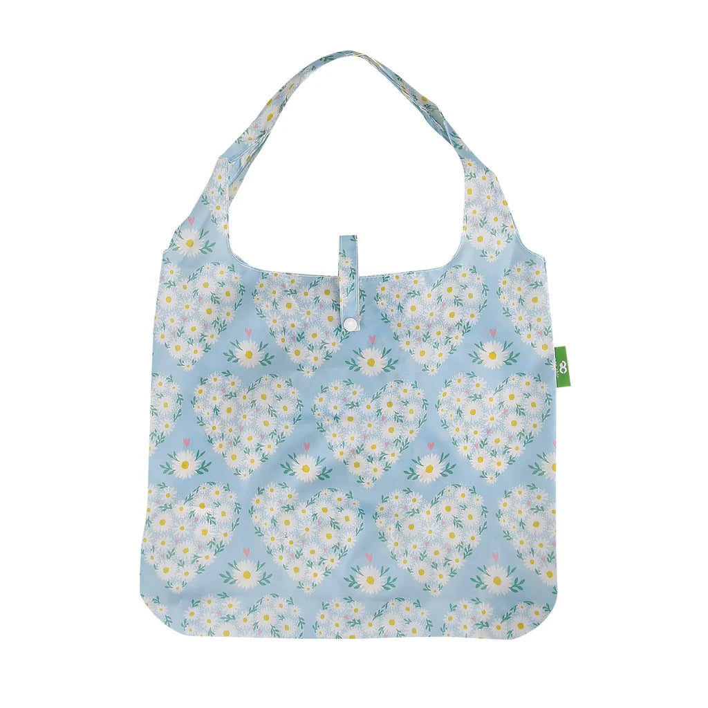 Eco Chic Lightweight Foldable Reusable Blue Daisy Hearts Shopping Bag