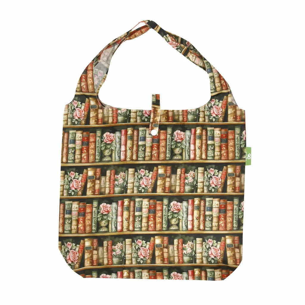 Eco Chic lightweight foldable reusable shopping bag featuring vintage Books and Roses library pattern
