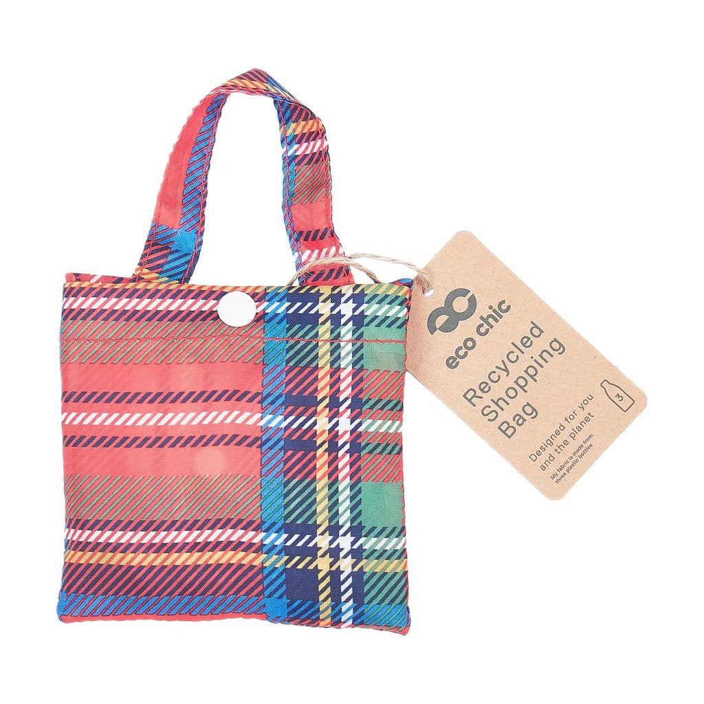Eco Chic Lightweight Foldable Reusable Red Tartan Shopping Bag