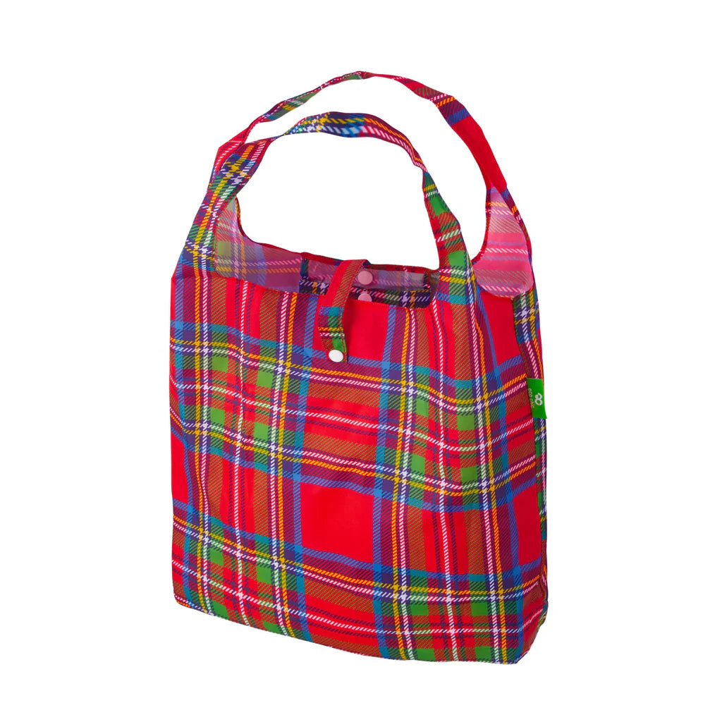 Eco Chic Lightweight Foldable Reusable Red Tartan Shopping Bag