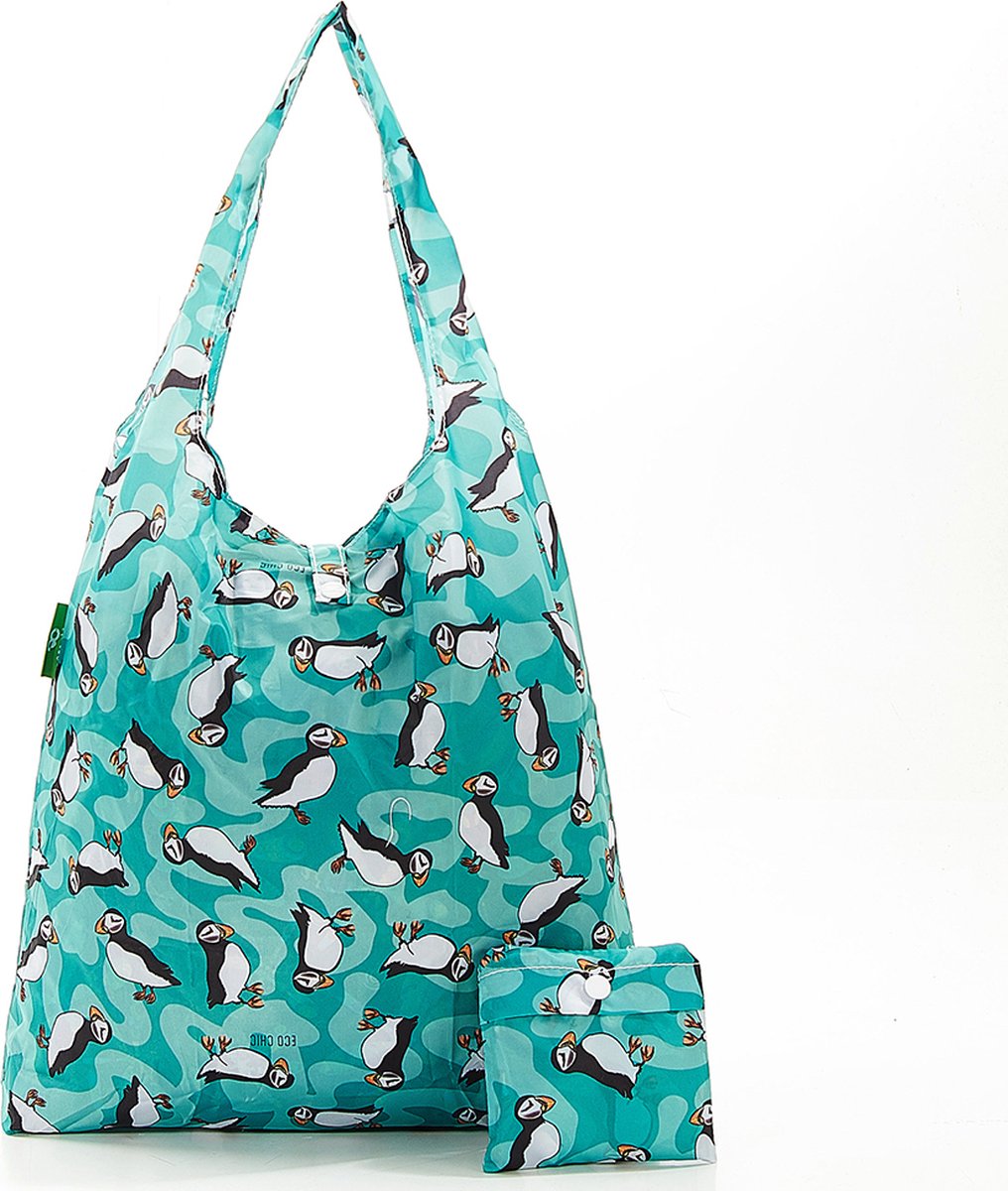 Eco Chic Lightweight Foldable Reusable Teal Puffin Shopping Bag