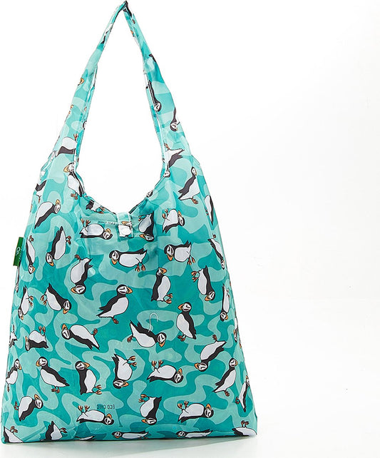 Eco Chic Lightweight Foldable Reusable Teal Puffin Shopping Bag