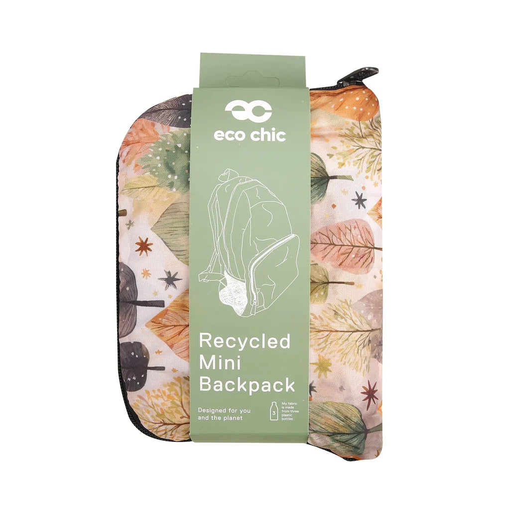 Eco Chic lightweight foldable mini backpack featuring warm autumnal Rhythm of Trees pattern and side mesh pockets