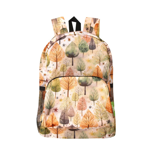 Eco Chic lightweight foldable mini backpack featuring warm autumnal Rhythm of Trees pattern and side mesh pockets